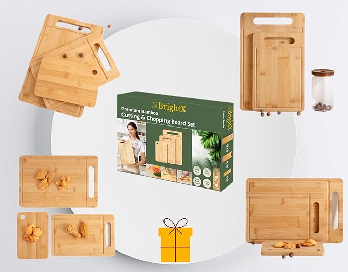 BRIGHTX Premium 3pc Bamboo Cutting Boards for Kitchen - Small, Medium & Large Wooden Cutting Boards for Kitchen | BPA-Free, Dishwasher Safe Cutting Board Set | Best Non-Toxic Wood Cutting Board Set