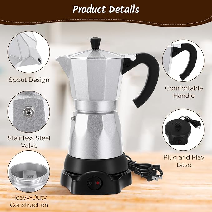Coffee Pot 6 Cup Electric Espresso Coffee Maker Italian Moka Maker 300ml Portable Aluminum Espresso Machine Cafetera Moka Pot with Detachable Base, Gift for Home Travel(Aluminum Color)