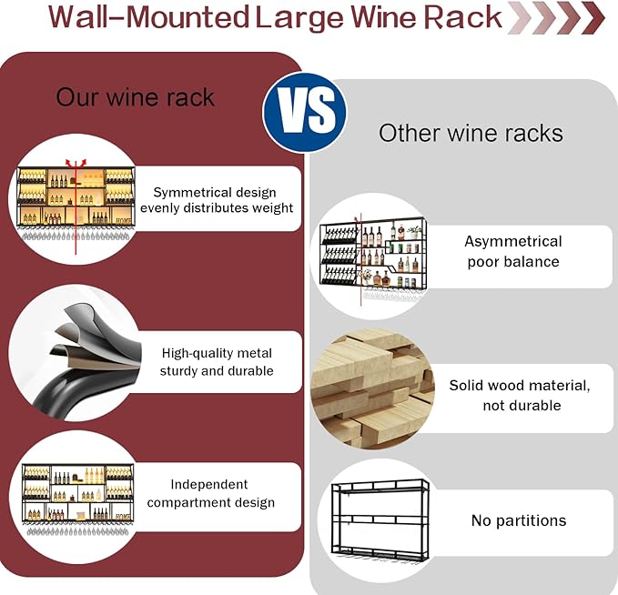 3 Tier Wall Mounted Metal Wine Rack, Modern Industrial Liquor Bottle Display Shelves, Large Bar Shelf with Wine Glass Rack, Black, for Home Kitchen, Dining and Bar (51 in)