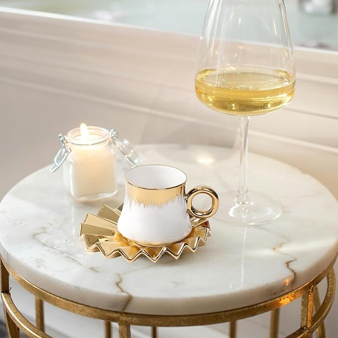 Turkish Coffee Cup - Tea Cups and Saucers Set of 6 with Gold Trim and Gift Box, 3.5oz Ceramic Cups for Turkish&Arabic Coffee, Cappuccino, Latte, Mocha, Au Lait, Double Espresso, Dishwasher Safe