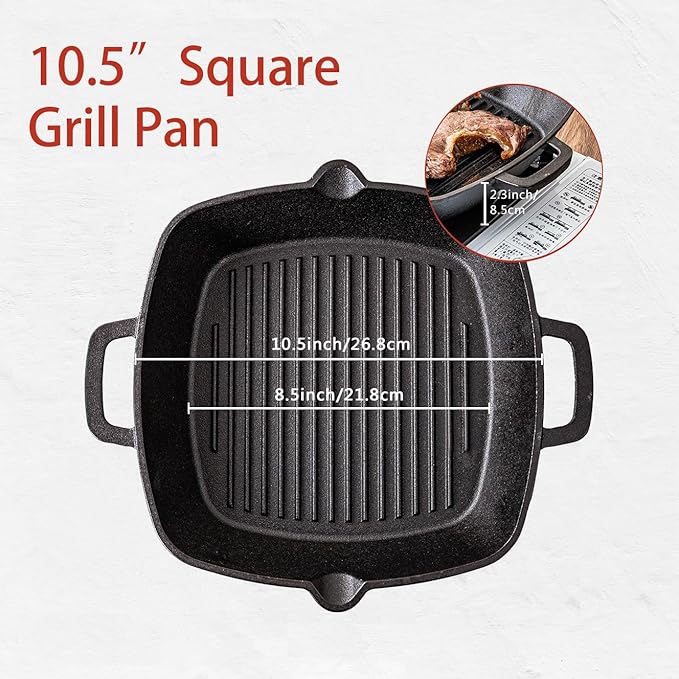 10 Inch Cast Iron Grill Pan & Skillet, Pre-Seasoned Stovetop Griddle Pan with Dual Handles for Indoor Cooking, Frying, Grilling, Searing Steak & Meat on Gas, Electric, Induction Cooktops