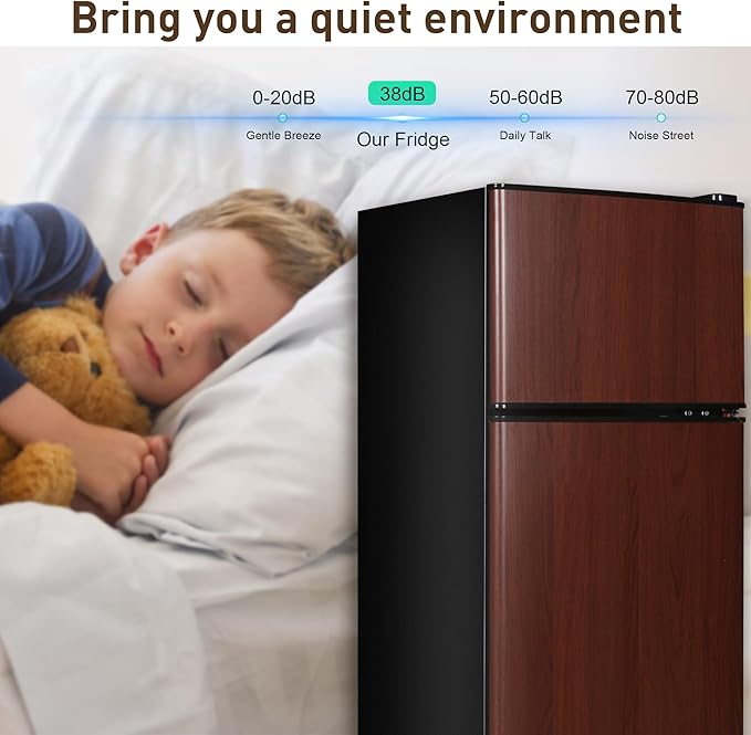 Mini Fridge with Freezer, 3.2 Cu. Ft. Double-Door Small Refrigerator with Adjustable 7-Level Thermostat & Separate Freezer, Dorm Fridge Compact for Kichen, RV, Office, Apartment, Wood