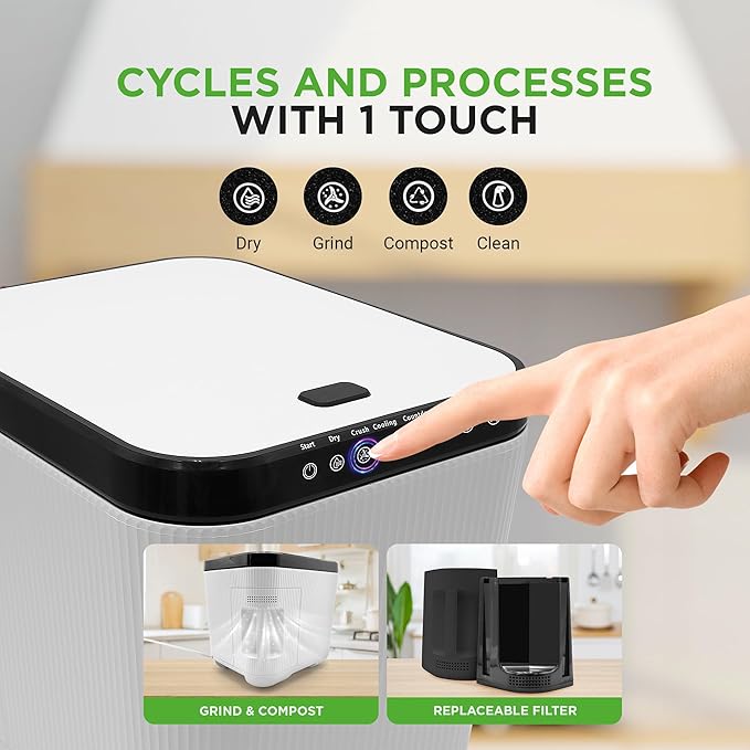 Nutrichef 3L Electric Kitchen Composter - Compost’s Organic Material & Food Scraps | Countertop Automatic Compost Bin | Dry, Crush, & Cooling Functions | Perfect for Kitchens & Apartments | White