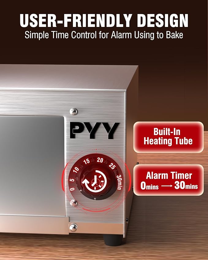 PYY Commercial Pizza Oven Electric - 12 Inch Tabletop Pizza Oven Indoor Stainless Steel Professional Pizza Cooker Baker Countertop with Timer & Crumb Tray for Home Restaurant 1100W,Silver