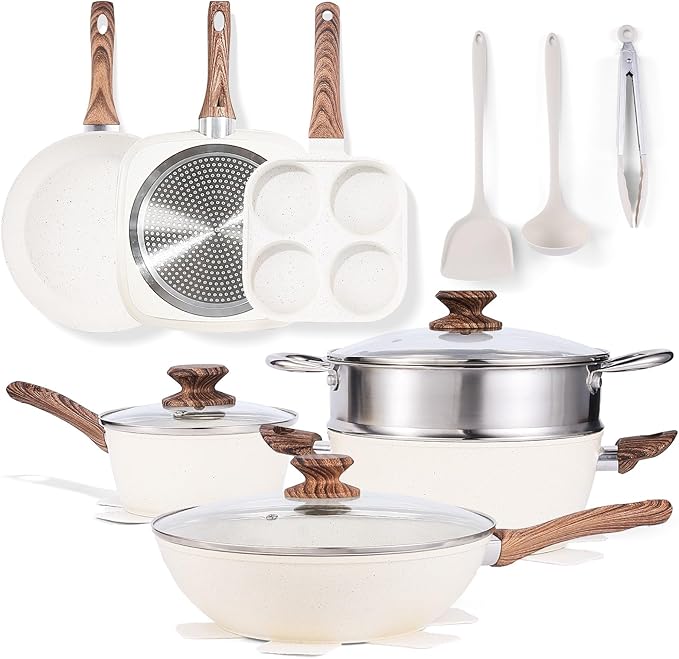 Sweetcrispy 17 Pcs Nonstick Pots and Pans, Non-toxic Kitchen Cooking Set with Stay-Cool Handles, Cream White