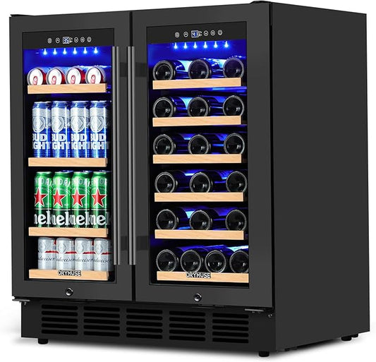 30 Inch Wine & Beverage Refrigerator– Dual Zone Beverage Cooler with Glass Door, Digital Touch Control, Wine Fridge Under-Counter or Freestanding, Holds 30 Bottles & 110 Cans Large Capacity, Black
