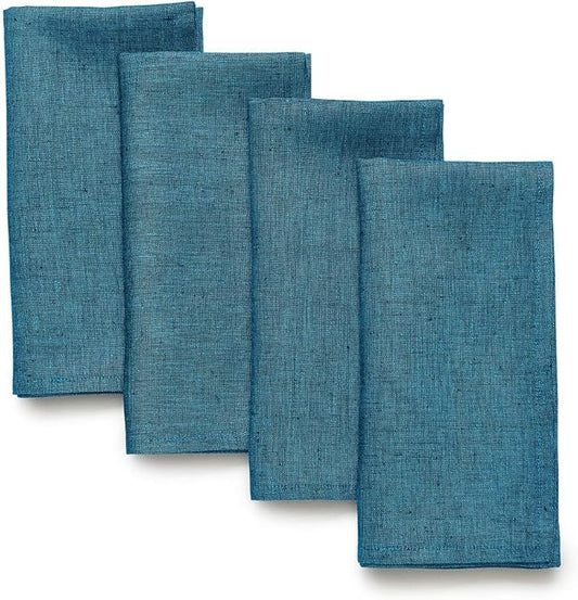 Solino Home Linen Napkins Set of 4-100% Pure Linen Chambray Teal Dinner Napkins Cloth 20 x 20 Inch for Fall, Autumn, Thanksgiving - Athena, Handcrafted and Machine Washable
