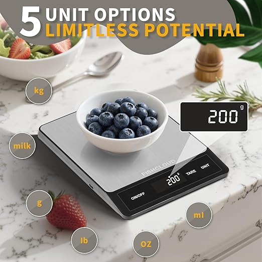 Food Scale - Rechargeable Digital Kitchen Scale 33lb, 1g/0.05oz Precision, Type-C, Stainless Steel, Grams/Ounces, LCD Display, for Cooking/Baking/Meal Prep (Ash Silver)