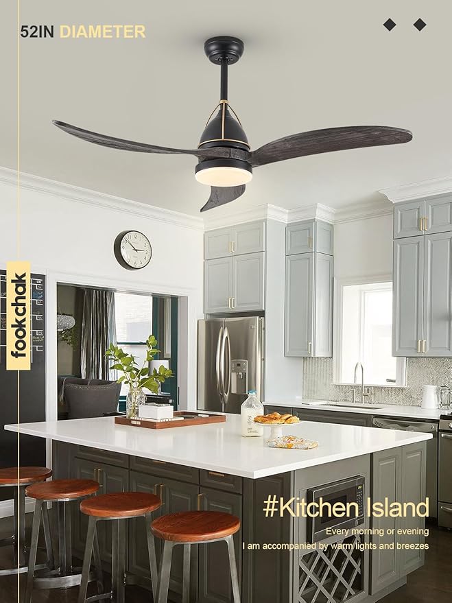 52in Solid Grey Wood Ceiling Fan with Lights 3-Blade Farmhoouse Black Ceiling Fans Outdoor Patio Ceiling Fan Modern Kitchen Fan Light with Remote Control for Bedroom Living Room