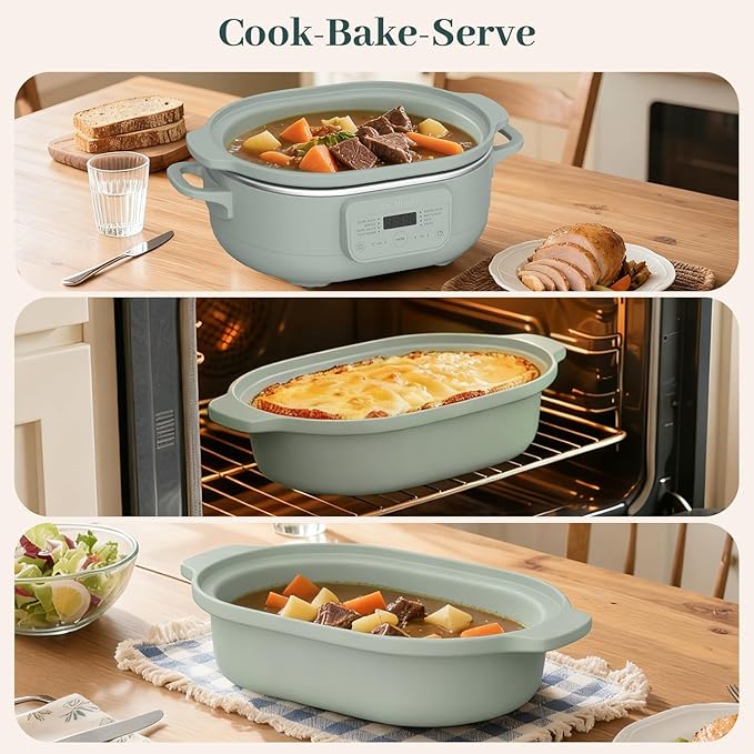 MAGNIFIQUE 4 Quart Programmable Casserole Slow Cooker, 8-in-1 Multi Cooker with Removable Non-Toxic Stoneware Crock, Claypot Slow Cooker, Rice-cooking, Nonstick, Oven Safe Pot to 450°F, Olive