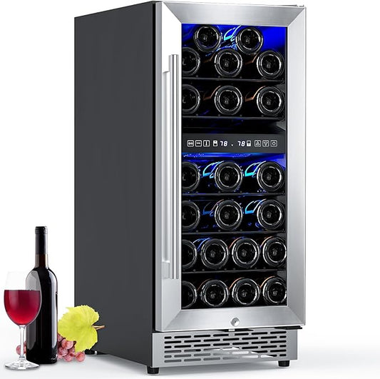 15″ Undercounter Dual Zone Wine Cellar Mini Fridge, 28 Bottle Wine Cooler with Lock, Built In, Freestanding, 41-68℉ Temperature Range, LED Control, Stainless Steel Frame, Adjustable Steel Shelves