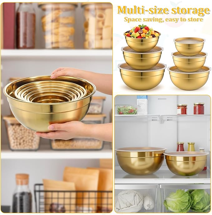 SHENLIU 7 Pcs Gold Mixing Bowls with Airtight Lids, Stainless Steel Mixing Bowls Metal Nesting Organizers for Baking, Prepping and Serving Food, Non-slip Bottom Size 7, 3.6, 2.7, 2.1, 1.5, 1.1, 0.8Qt