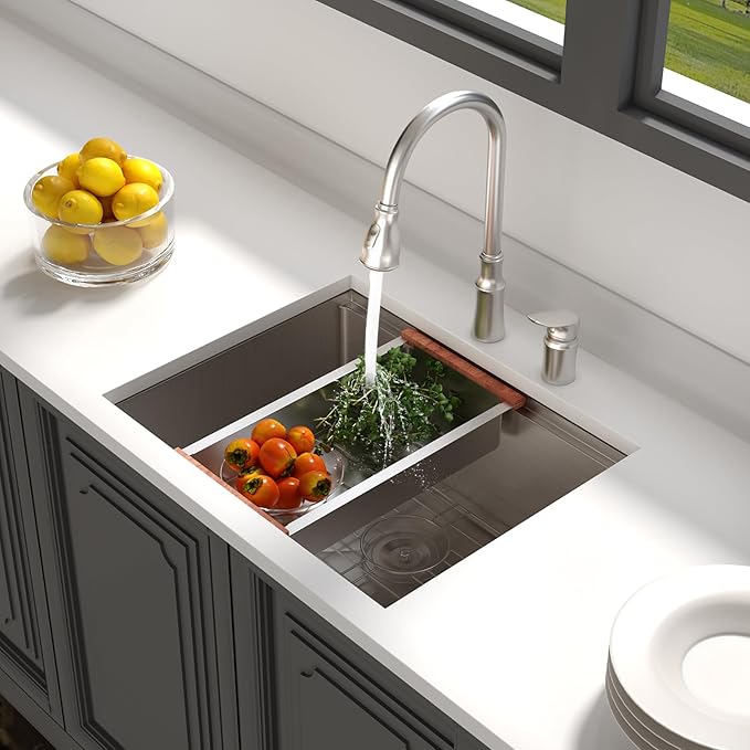 Lordear Undermount Kitchen Sink 23 x 19 Inch, 16 Gauge Stainless Steel Single Bowl Workstation With Cutting Board, Handmade