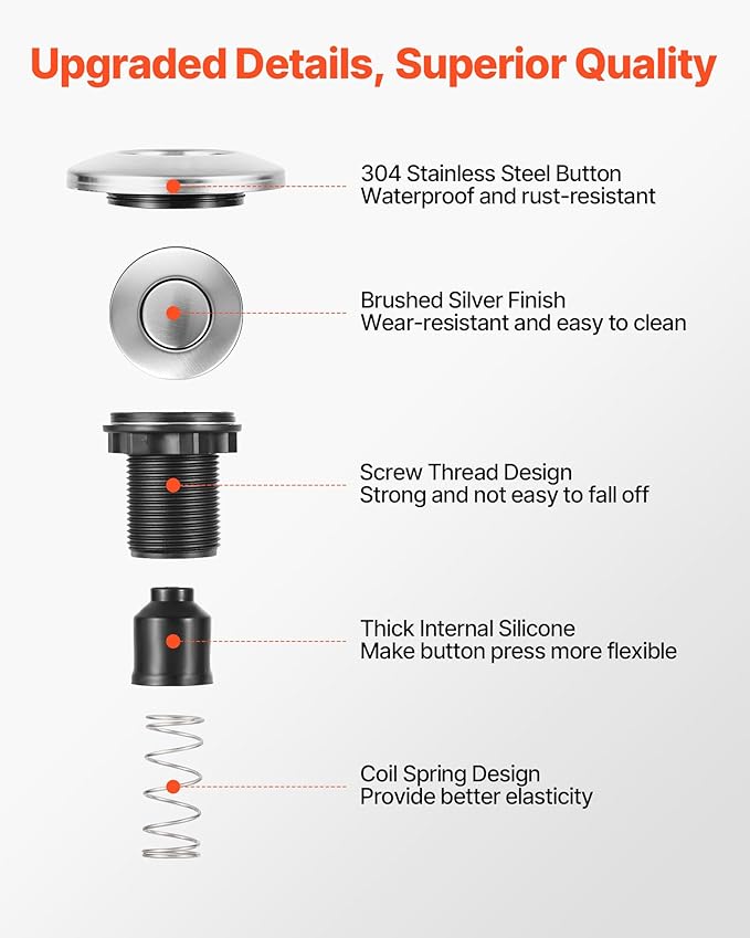 VEVOR Garbage Disposal Air Switch Kit, 2.5" Sink Top Air Switch for Food Waste Disposal, Brushed Silver Stainless Steel ON/OFF Air Button for Waste Disposer - Suitable for Stainless Steel Countertops