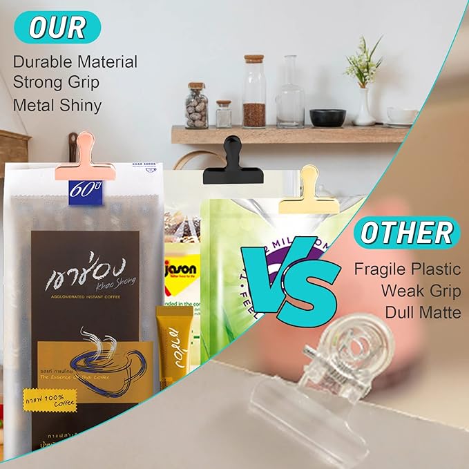 Funfery 24 Pack 3 Inch Stainless Steel Gold Chip Clips Strong Bag Clips Large Clip for Food Packages,Metal Kitchen Food Clip for Snack Home&Office Paper Heavy Duty