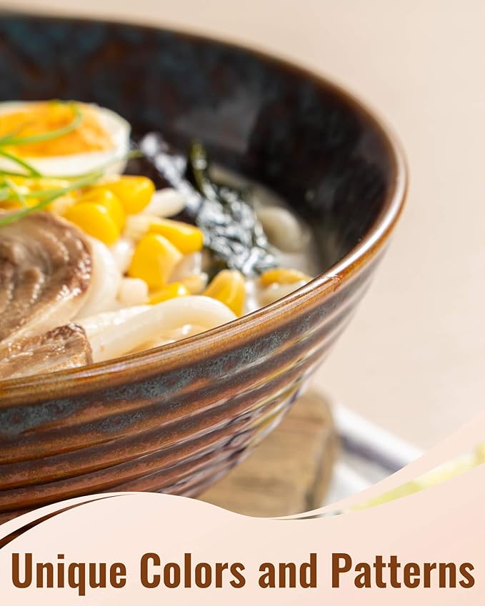 8 Inch 40oz Large Japanese Ramen Bowl Set of 2,Material Safety Ceramic Ramen Bowls with Matching Chopsticks and Spoons, Pho Bowls Ramen Noodle Bowl for Asian Udon Soup Salad Cereal(Peacock Tail)