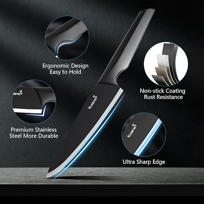 Kuisine Premium Knife Set,One-piece Steel Molding,High Carbon Stainless Steel Ultra Sharp,Non-slip Ergonomic Solid Steel Handle,Built-in Sharpener Knife Block Set,Luxury Gift(15PCS,BlackPro EX)