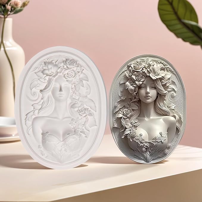(Four-piece set) Flower picture frame girl, elegant female relief, DIY silicone mold, cake chocolate mold wedding cake decoration tool soft cake