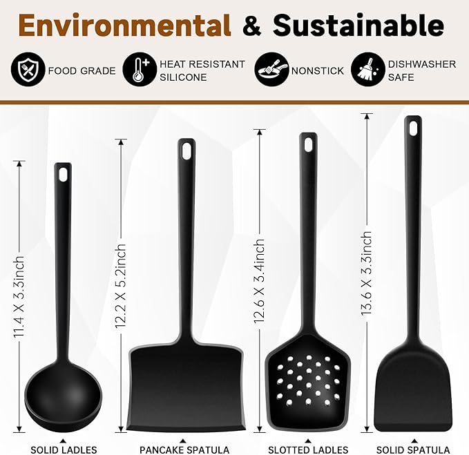 4 Pcs Silicone Cooking Utensils Set, Heat Resistant Silicone Spatulas Include Solid & Pancake Turner, Solid & Slotted Soup Ladle, Kitchen Utensils set for Non-Stick Pans, for Frying Draining Flipping