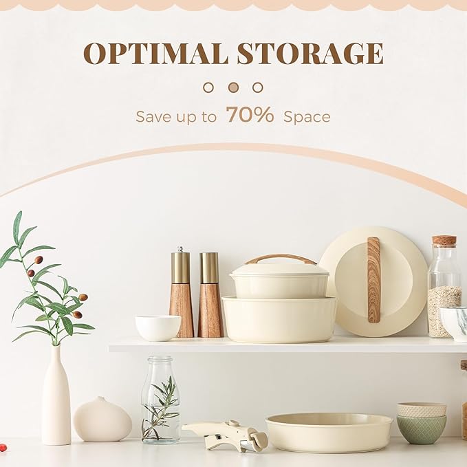 PRICUSIS Ceramic Pots and Pans Set with Detachable Handle, Non-toxic Nonstick 8pcs Cookware Set with Die-cast Lids, Dishwasher & Oven Safe, PTFE PFOA PFAS Free, Perfect for College Dorm, Cream White