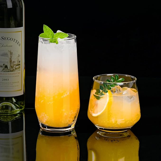 Drinking Glasses Set of 8,Clear 13 oz & 18oz Crystal Glass Cups,Drinkware Glassware,Highball Water Tumbler,Short Stemless Wine Glasses，for Beer,Cocktail,Whiskey,Juice and Various Mixed Drinks