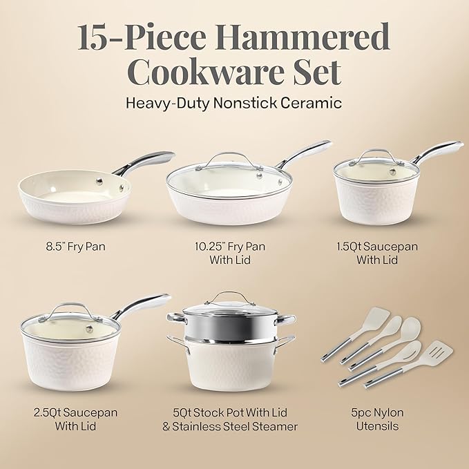 Gotham Steel Hammered 15 Pc Ceramic Cookware Set Nonstick, Deep Pots and Pans Set Non Stick with Induction Cookware, Cooking Utensils & Steamer, Non Toxic PFOA PFOS Free, Oven & Dishwasher Safe