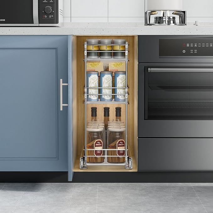 ROOMTEC Pull Out Spice Rack for Narrow Cabinet (6" W X 20½" D),3 Tier Heavy Duty Sliding Spice Cabinet Organization Shelf Racks, Pull Out Shelves Under Cabinet Storage for Kitchen