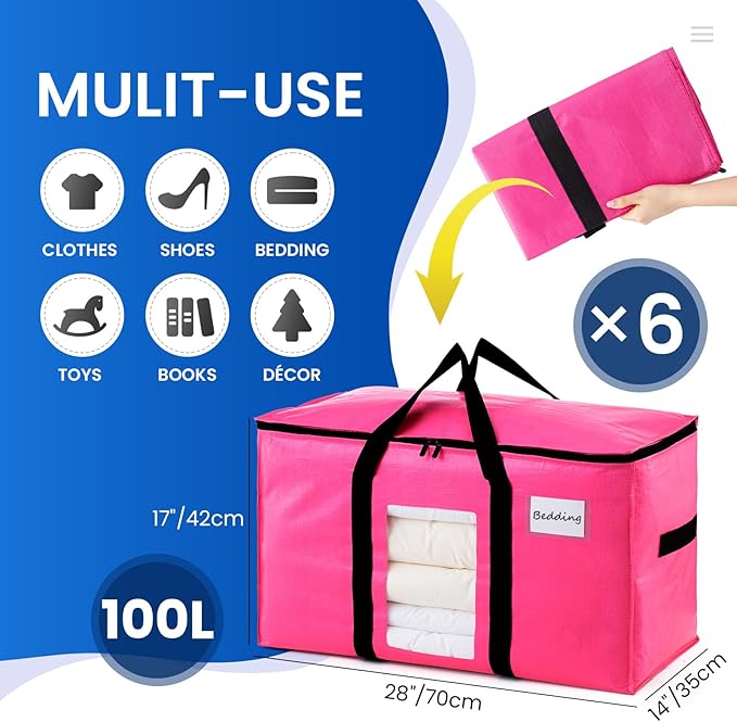 TAILI 6 Pack Pink Extra Large Moving Bags, Heavy Duty Totes with Visible Window, Wrap Around Handles, Space-Saving Storage Solution, Alternative to Moving Boxes