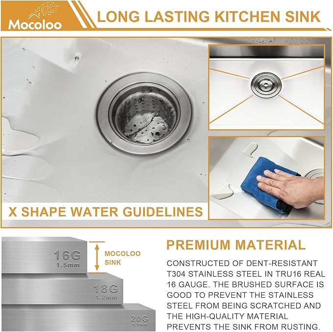 Mocoloo 23 Inch Undermount Kitchen Sink - 23x18 Inch Stainless Steel Kitchen Sink Under Mount 16 Gauge Single Bowl Handmade Basin, 10 Inch Deep