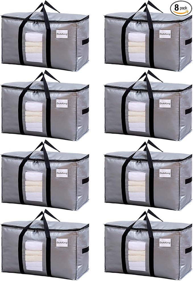 TAILI Extra Large Moving Bags, 8 Pack Silver Heavy Duty Totes for Storage with Visible Window, Wrap Around Handles, Storage Bags for Space Saving, Alternative to Moving Boxes