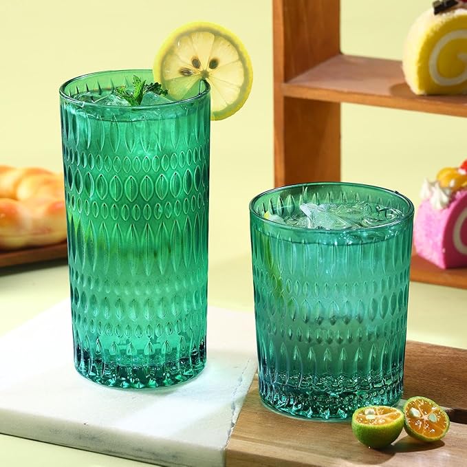 Glassware Drinking Glasses Set of 8, 14 oz Highball Glasses & 10 oz Ribbed Glass Cups, Vintage Glassware for Water, Juice, Cocktail, Whiskey (Atroviens)