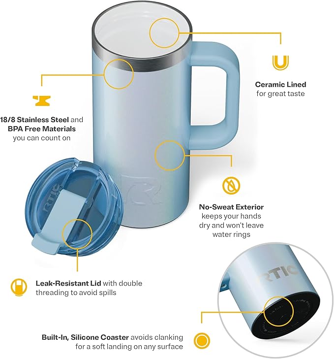 RTIC 16oz Road Trip Travel Mug with Lid and Handle, Ceramic Lined, Insulated, Stainless Steel, Metal, Double Wall Vacuum-Insulation, Portable Coffee, Tea Cup for Hot and Cold Drink, RTIC Ice Glitter
