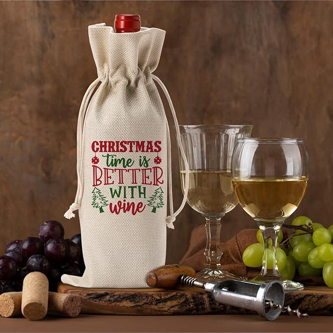 FBCCZEY Christmas Wine Bag Merry Christmas Wine Bottle Gift Bags With Drawstring Xmas Party Decorations Gifts for New Year Holiday Wedding Parties Time Is Better With Wine Bottle Wraps Bags