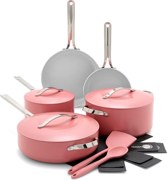 GreenPan Nova 10-Piece Cookware Pots & Pans Set, Oprah’s Favorite Things 2024, PFAS-Free Ceramic Nonstick, Fry, Sauté, Stockpot, Utensils, Lids, Induction Suitable, Dishwasher & Oven Safe, Coral