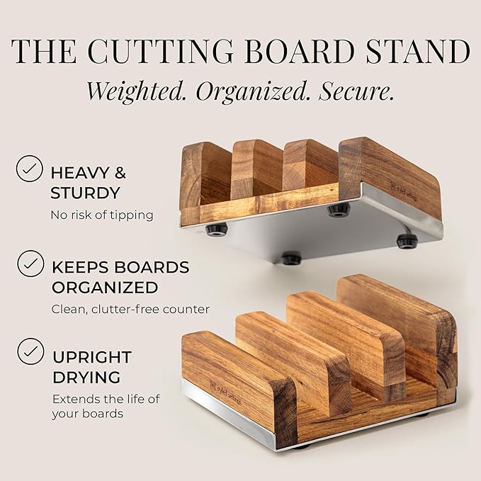 Acacia Wood Cutting Board Set with Holder – 4 Piece Wooden Cutting Board Set with Stand – Reversible Charcuterie Tray with Juice Grooves and Silver Handles – Stylish Kitchen Gift
