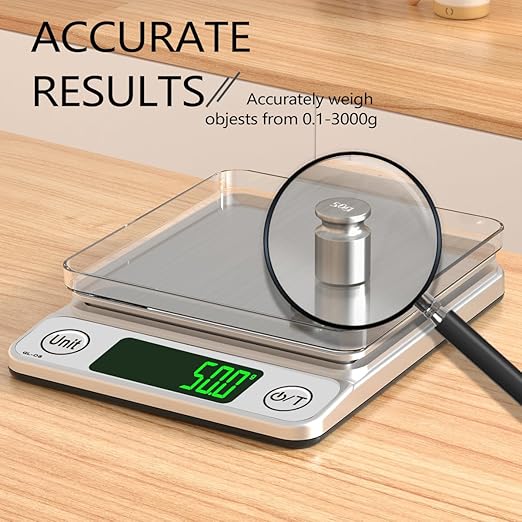 Kitchen Scale Digital Food Scale, Coffee Scale 3000g/0.1 Digital Scale Food Kitchen,7 Units Gram Scale for Baking and Cooking LCD Display Mini Food Scale (Silver(3kg/0.1))