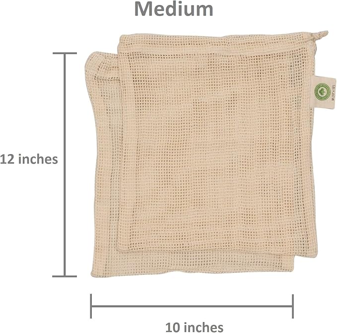 Reusable Mesh Produce Bags made from 100% Organic Cotton - 12"x10", Perfect Reusable Net Vegetable Bags - Washable Fruit, Vegetable & Produce Sacks (3 Medium)