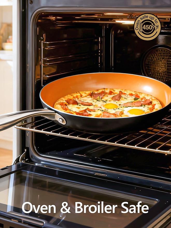 MICHELANGELO 10 Inch Copper Nonstick Frying Pan with Lid, Scratch Resistant Ceramic Coating, Oven and Dishwasher Safe