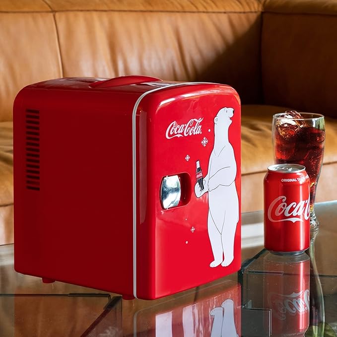 Coca Cola Polar Mini Fridge - Refrigerator for Bedroom Office, Portable Table Top Beverage Cooler, 12V 110V Refrigerador For Drinks, Soda, Wine, Use In Car, Dorm, Patio, 6 Can