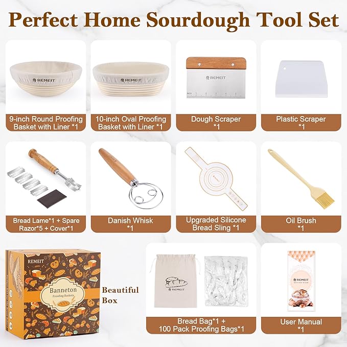 Banneton Bread Proofing Basket Sourdough Bread Baking Supplies, Sourdough Starter Kit with 9" Round and 10" Oval Baskets, Sling, Bread Lame, Proofing Cover, Scraper, Dough Whisk