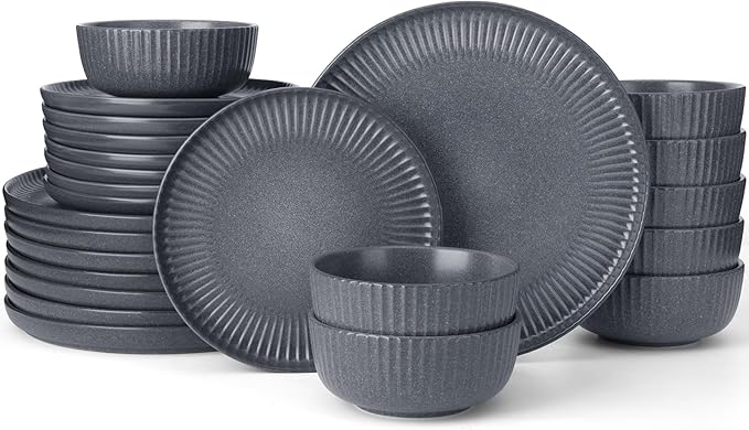 Famiware Starlight Dinnerware Sets, Plates and Bowls Dish Set of 8 (24 Pieces), Ribbed Textured Tableware - Dishwasher & Microwave Safe, Chip Resistant, Reactive Glaze, Matte Midnight Grey