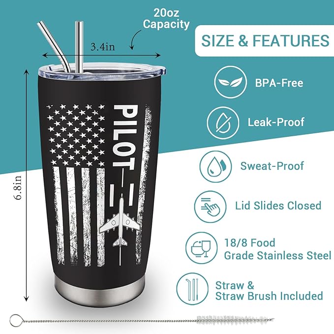 Pilot Gifts for Men - Aviation Gifts for Pilots - Birthday/Christmas Gift for Airplane Lovers - Funny Aviator Gift Ideas, 20 oz Insulation Stainless Steel Tumbler