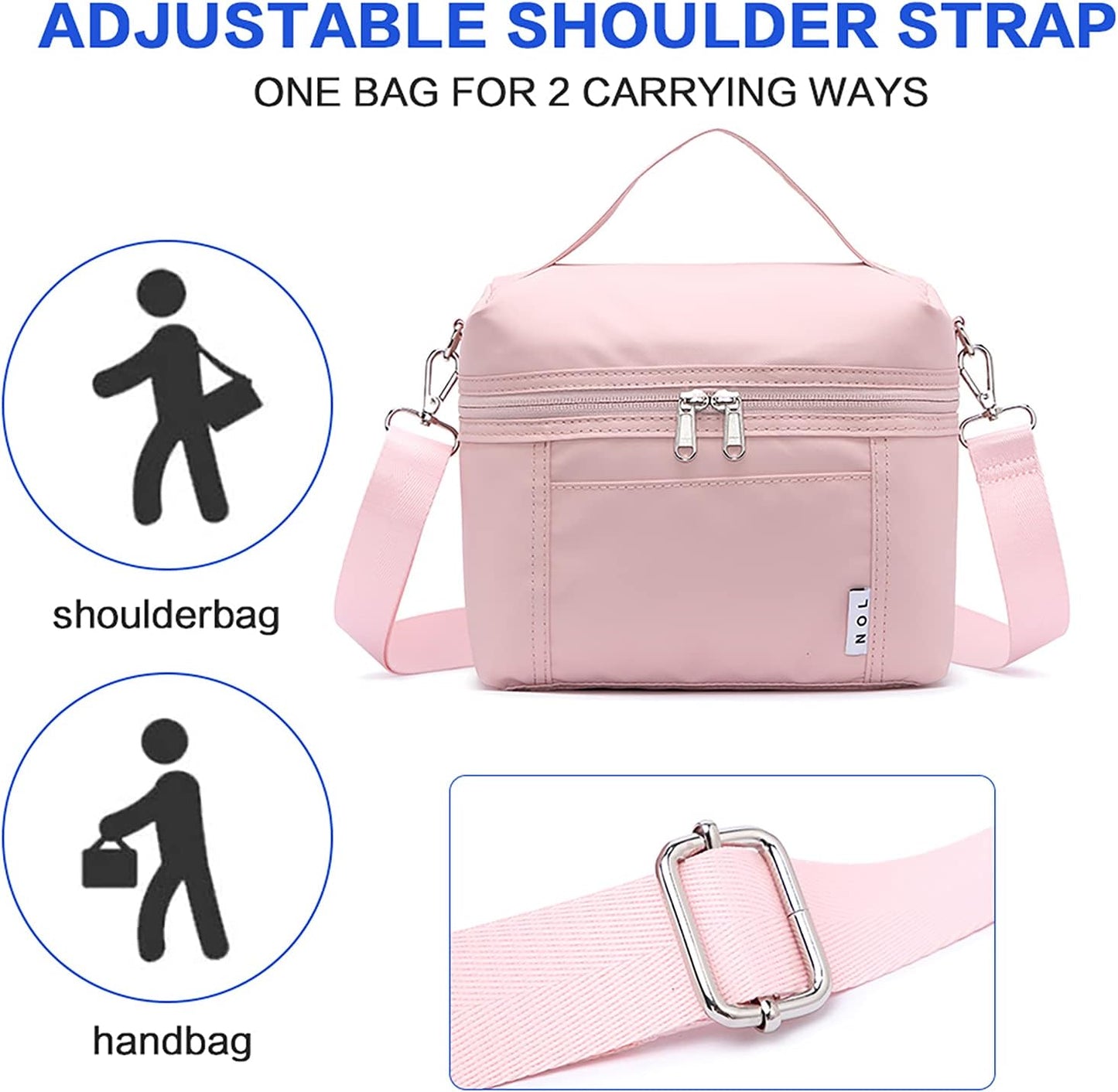 NOL Natural Organic Lifestyle Insulated Lunch Bags for Women Cooler Bag Lightweight Nylon Waterproof Lunch Box For Work (Medium, Pink)