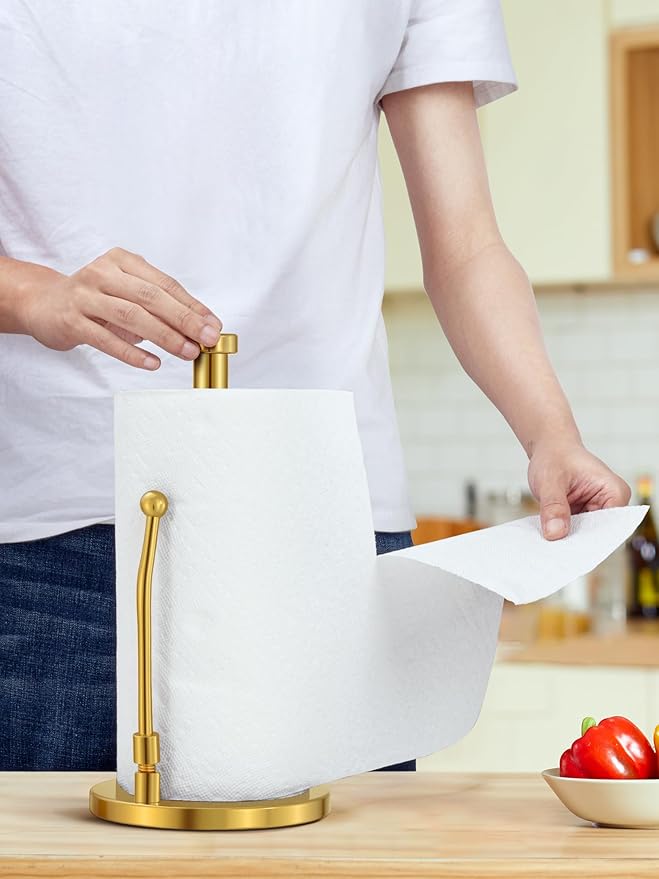 SMARTAKE Paper Towel Holder, Paper Towel Dispenser Standing Weighted Base Non Slip, Spring Arm Fit Most Size Paper Roll, Stainless Steel Kitchen Roll Stand for Home Kitchen Countertop Tabletop, Gold