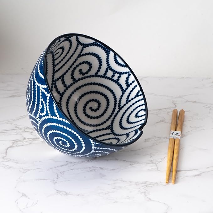 Urban Tokyo Porcelain Japanese Motif Design Ramen Udon Noodle Rice Bowl With Chopsticks 20 fl oz 6 inch Diameter Bowl Sets Color Box Packaging (Brush Swirl)