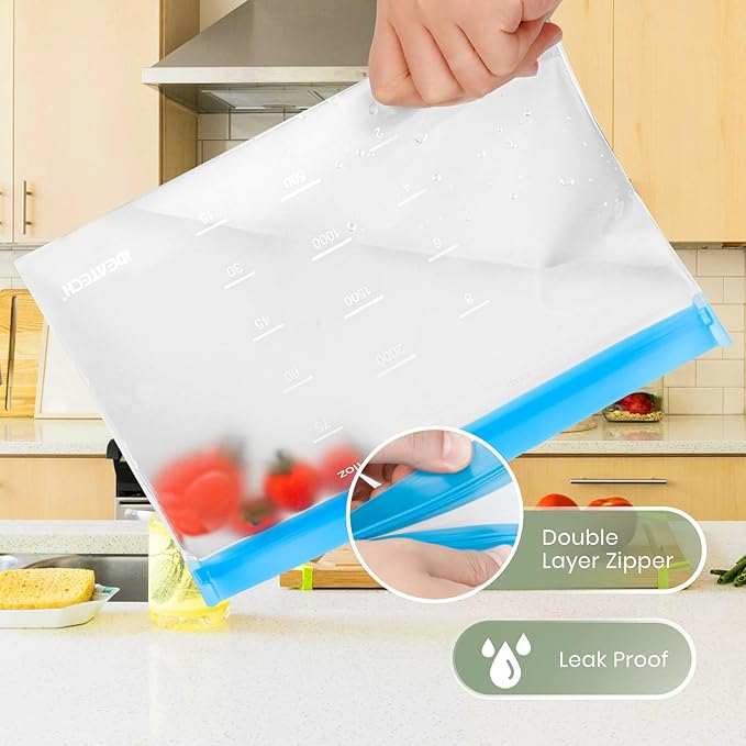 Dishwasher Safe Reusable Storage Bags Stand Up - BPA Free Reusable Sandwich Bags - Leakproof Gallon Freezer Bags, Silicone Food Storage Bags - Grey 12 Sandwich Bags