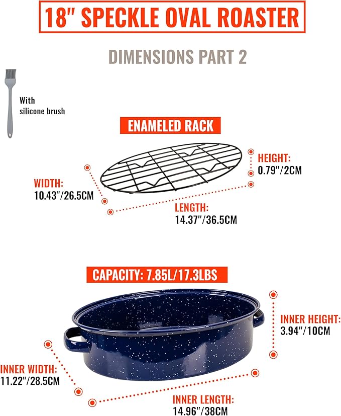 Roasting Pan with Lid and Rack 18" Dark Blue and White Speckled Design Large Oval Enamel Roast pan,Perfect for Thanksgiving Christmas Parties and Dinner Gatherings with Mesh Frame Gift Packaging