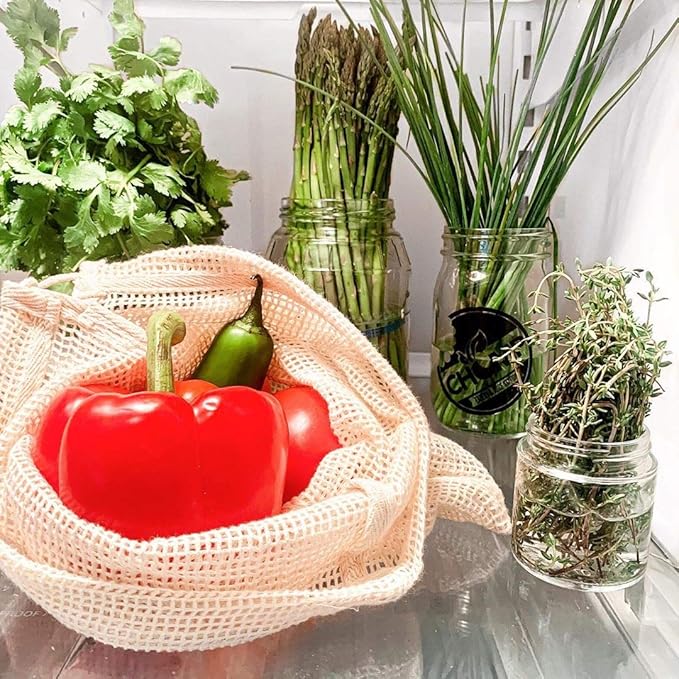 Reusable Mesh Produce Bags - 8 Pack, 100% Organic Cotton Reusable Net Vegetable Bags - Environment-friendly & Washable Fruit, Vegetable & Produce Sacks (2 X Large, 2 Large, 2 Medium, 2 Small)