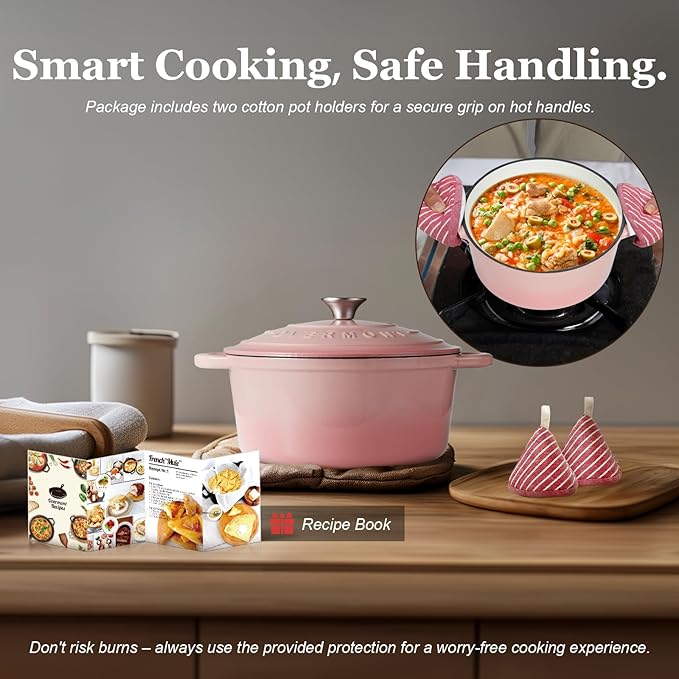 Overmont Enameled Cast Iron Dutch Oven - 5.5QT Pot with Lid Cookbook & Cotton Potholders - Heavy-Duty Cookware for Braising, Stews, Roasting, Bread Baking pink