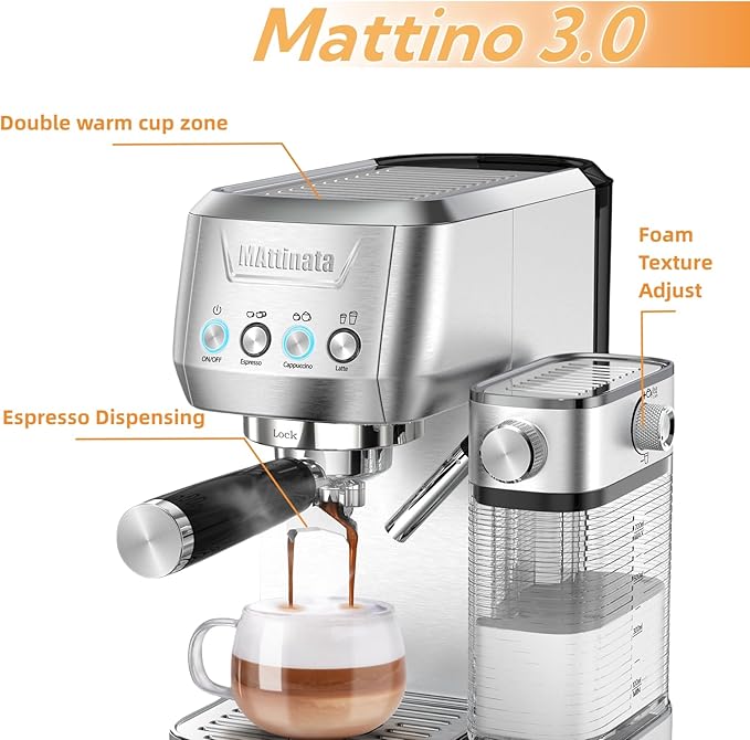Cappuccino Machine 20 Bar, Professional Espresso Machines for Home and Office with Automatic Milk Frothering System, Barista Compact Latte Maker for Coffee Lovers, Stainless Steel-Mattino